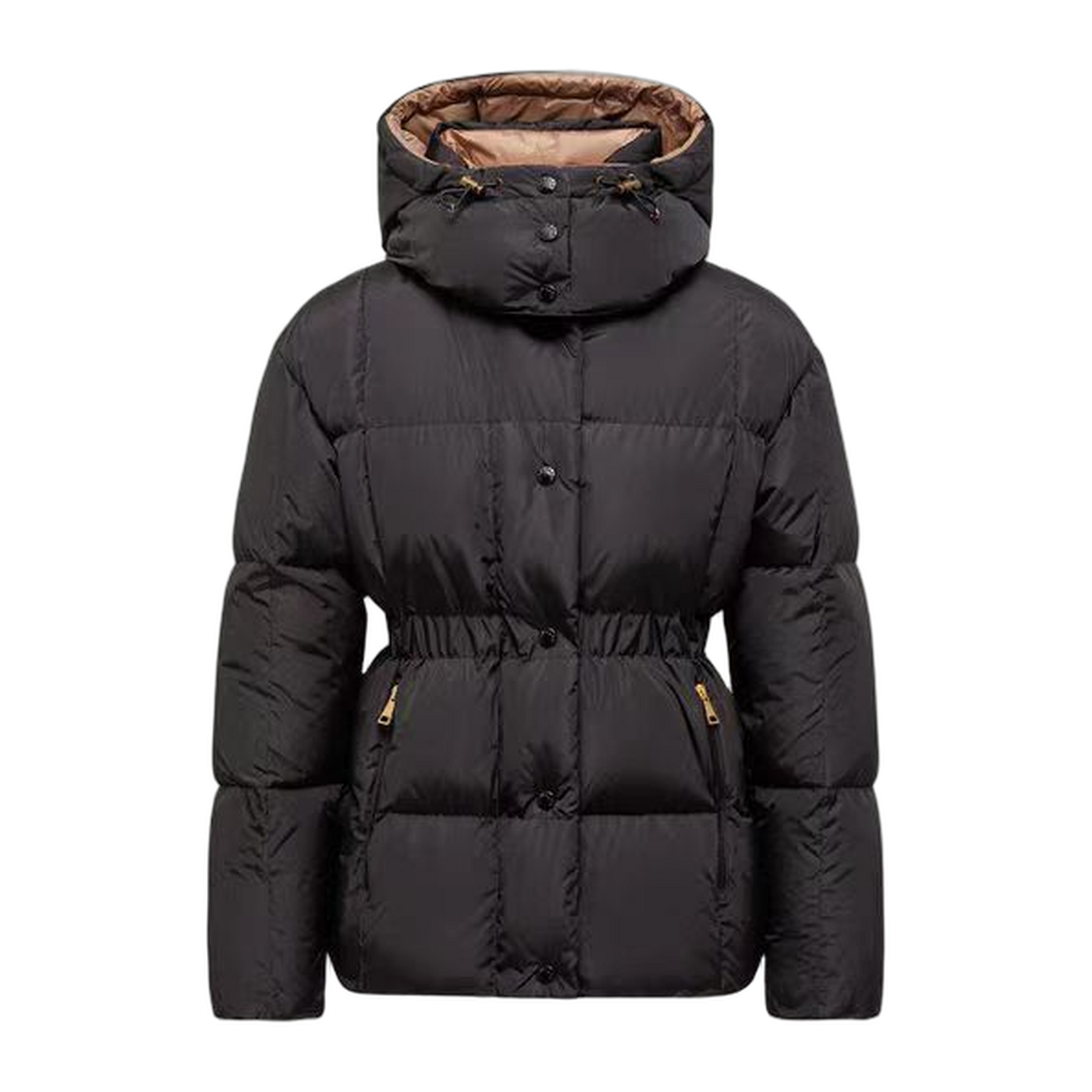 Moncler Women's Black-Gold Belted Down Jacket — Brown — #227
