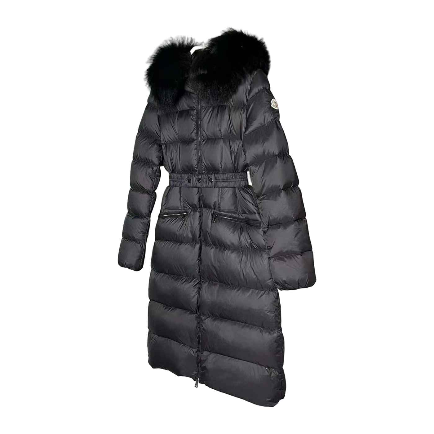 Moncler Boedic Hooded Shearling-Trimmed Long Down Jacket — Black — #251