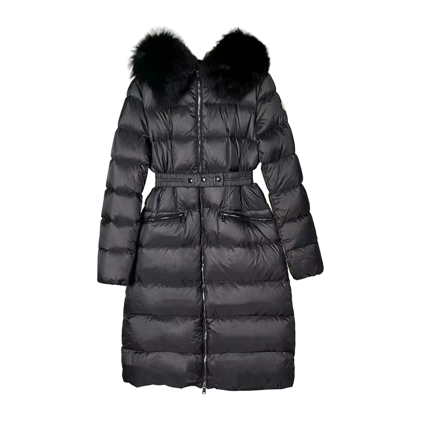 Moncler Boedic Hooded Shearling-Trimmed Long Down Jacket — Black — #251