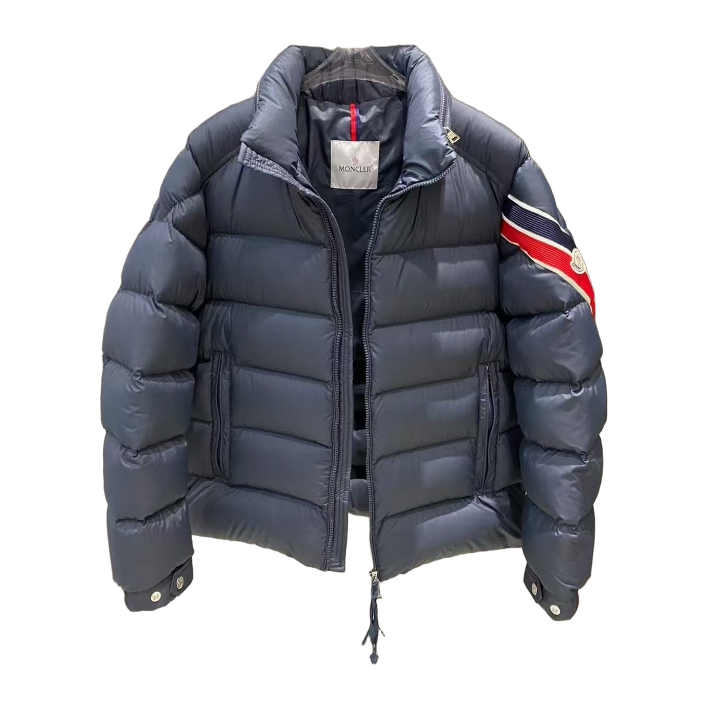 Moncler Logo-Webbing Sleeve Down Jacket — Navy — #233