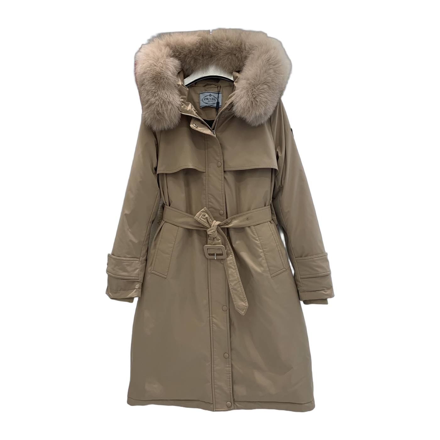 Prada Women's Belted Hooded Long Down Coat — Off White — #359