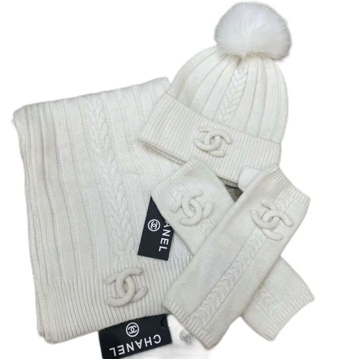 Chanel Tonal CC Cable-Knit Pom-Pom Hat Scarf and Hand Warmers Set — #416