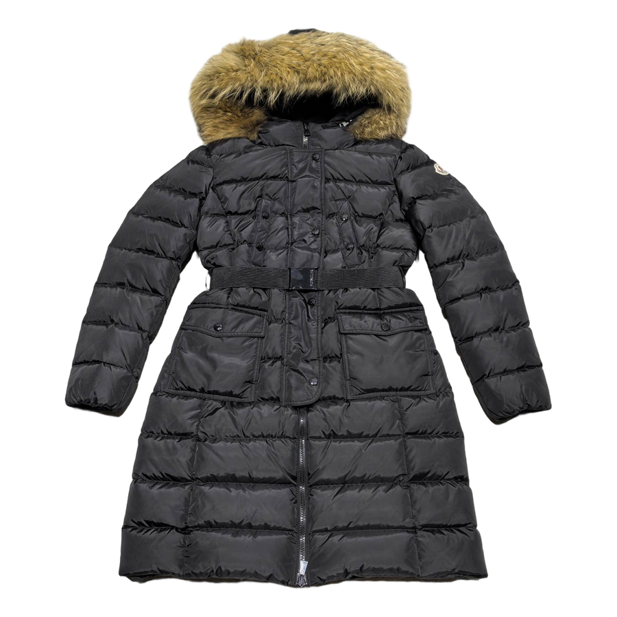 Moncler Fur-Trim Hooded Long Puffer Coat — Black — #177