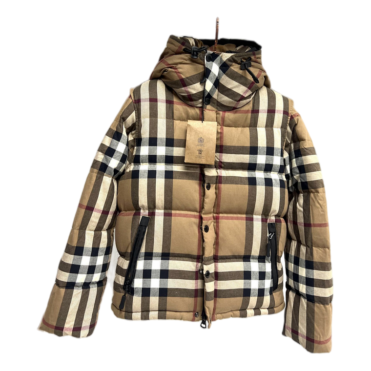 Burberry Check Hooded Puffer Jacket with Detachable Sleeves — Beige — #439