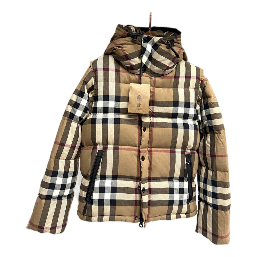 Burberry Check Hooded Puffer Jacket with Detachable Sleeves — Beige — #439