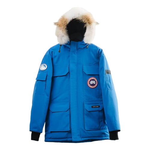 Canada Goose Blue hooded parka — front with hood raised