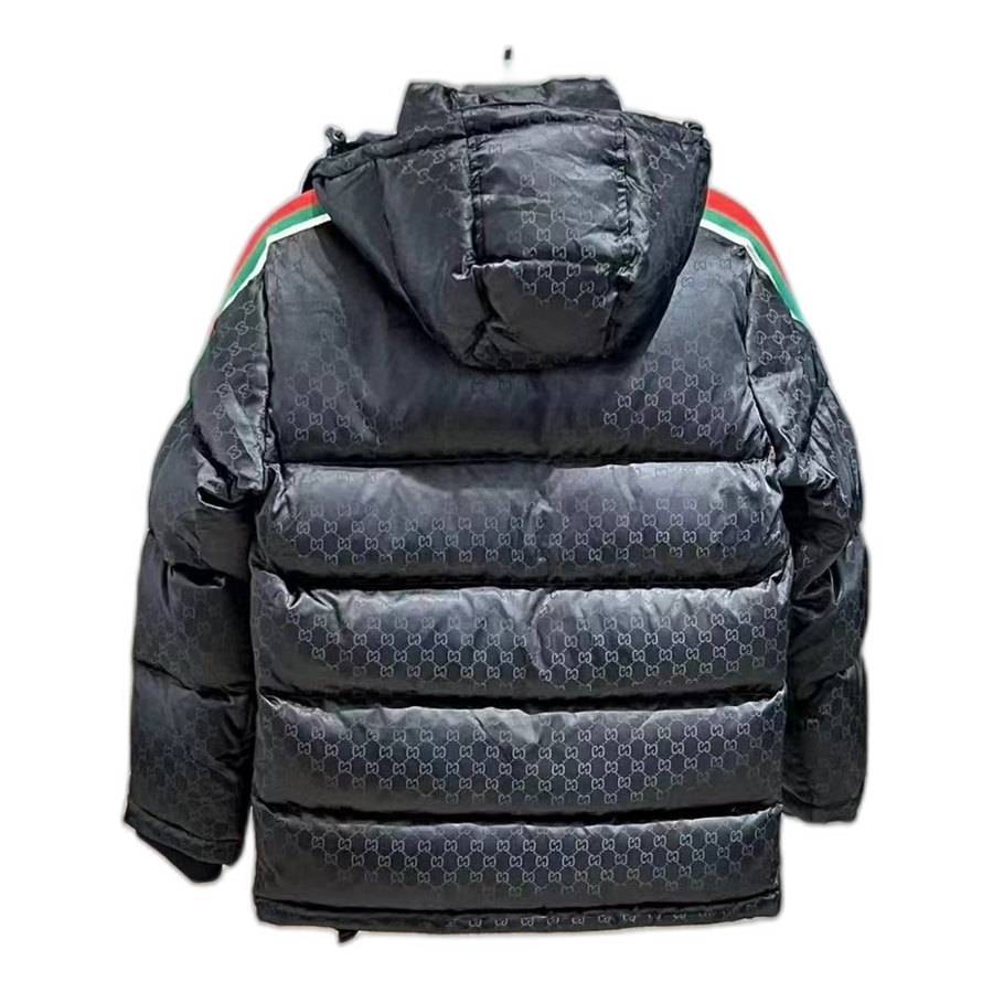 Gucci GG Hooded Puffer Jacket with Web Stripes — Black — #123
