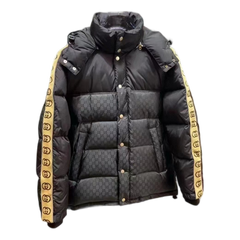Gucci GG Hooded Puffer Jacket with Logo Sleeve Bands — Black — #124