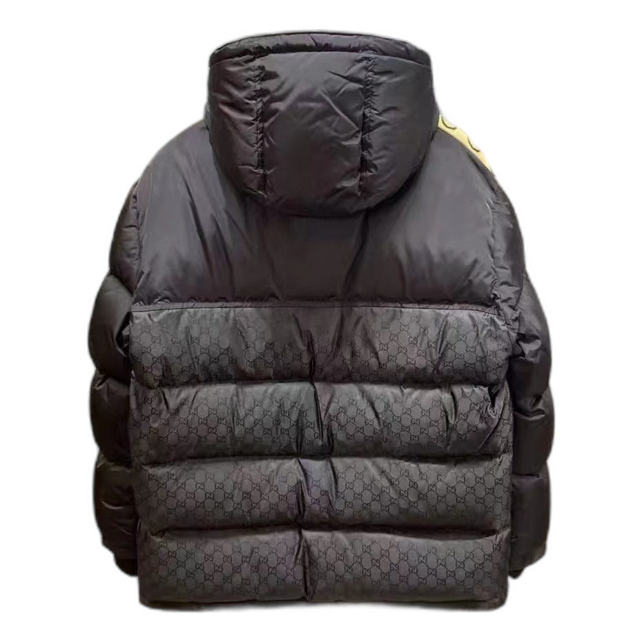 Gucci GG Hooded Puffer Jacket with Logo Sleeve Bands — Black — #124