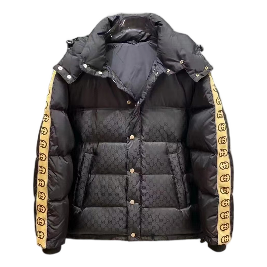 Gucci GG Hooded Puffer Jacket with Logo Sleeve Bands — Black — #124