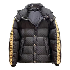 Gucci GG Hooded Puffer Jacket with Logo Sleeve Bands — Black — #124