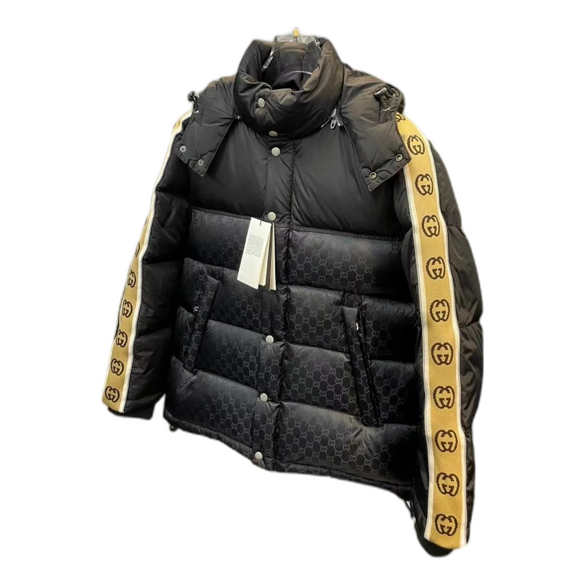 Gucci GG Hooded Puffer Jacket with Logo Sleeve Bands — Black — #124