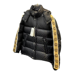Gucci GG Hooded Puffer Jacket with Logo Sleeve Bands — Black — #124