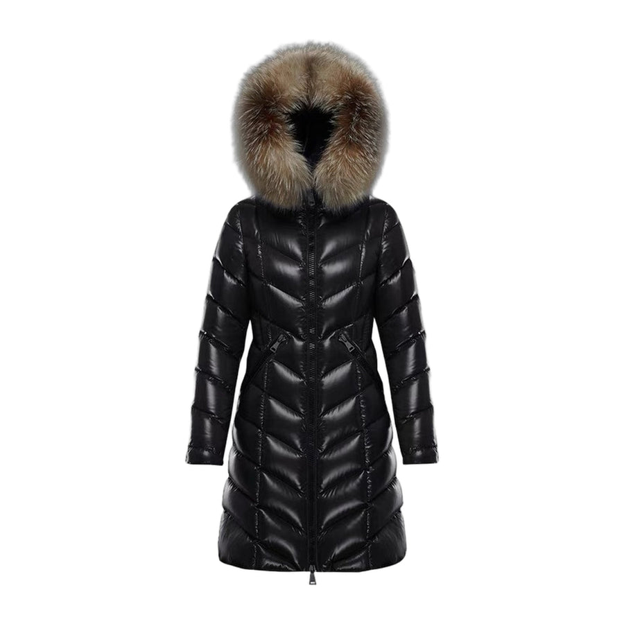 Moncler V-Quilt Oversized-Fur-Trim Long Down Coat — #171