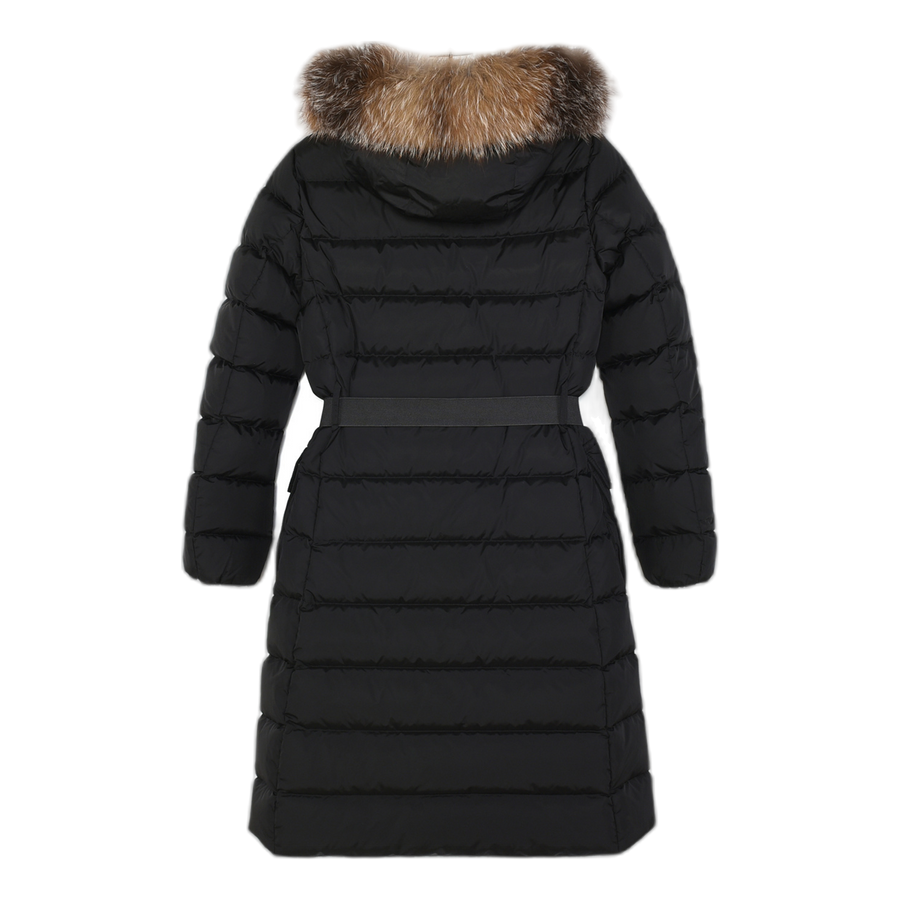 Moncler Khloe Belted Fur-Trim Hooded Long Coat — Black — #174