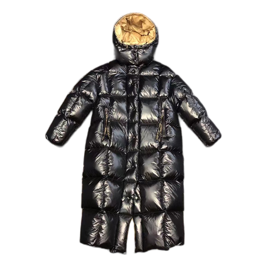Moncler Glossy Gold-Lined Hooded Long Puffer Coat — Black — #181