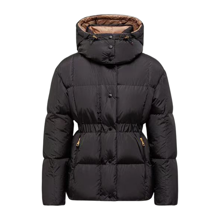 Moncler Women's Black-Gold Belted Down Jacket — Brown — #227