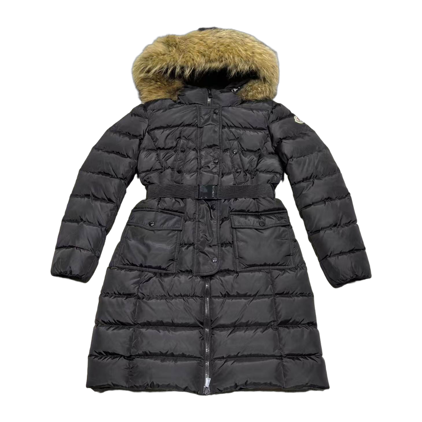 Moncler Khloe Hooded Fur-Trimmed Long Down Jacket — Black — #187