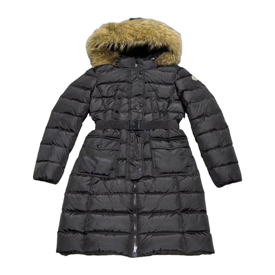 Moncler Khloe Hooded Fur-Trimmed Long Down Jacket — Black — #187