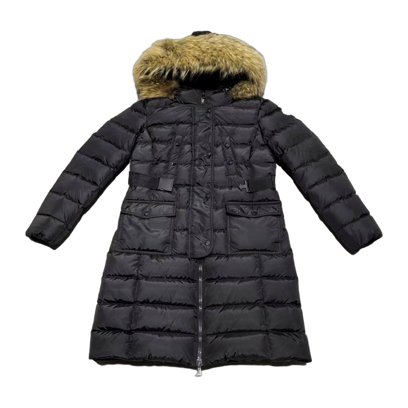 Moncler Khloe Hooded Fur-Trimmed Long Down Jacket — Black — #187