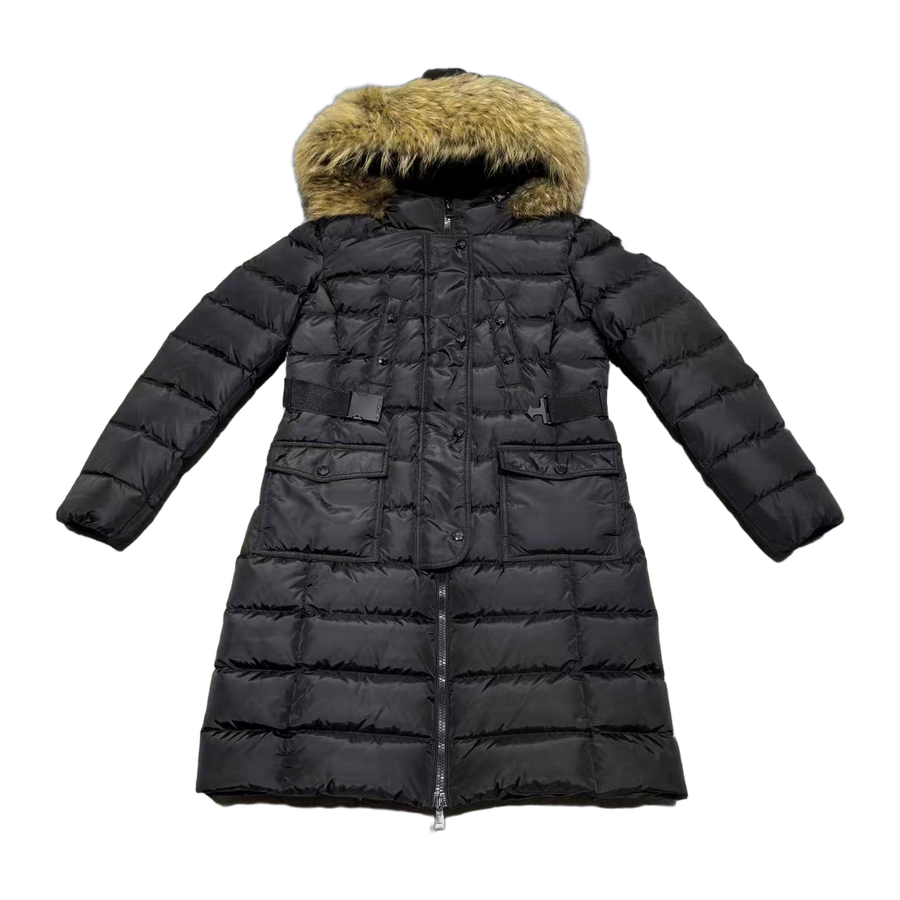 Moncler Khloe Hooded Fur-Trimmed Long Down Jacket — Black — #187