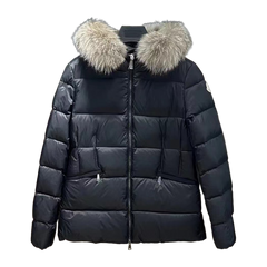 Moncler Hooded Belted Fur-Trim Down Jacket — Black — #250
