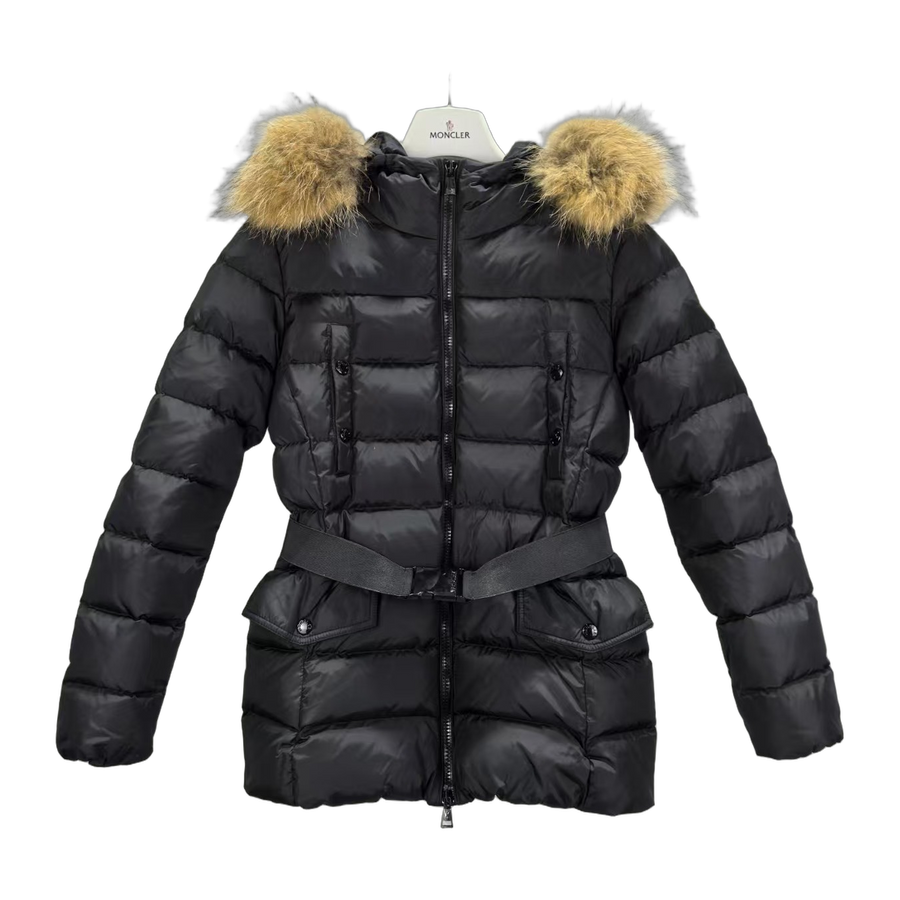 Moncler Boed Hooded Shearling-Trimmed Short Down Jacket — Black — #255