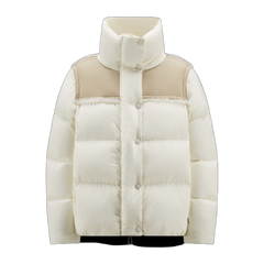 Moncler Jotty Leather-Panel Short Down Jacket — White — #278