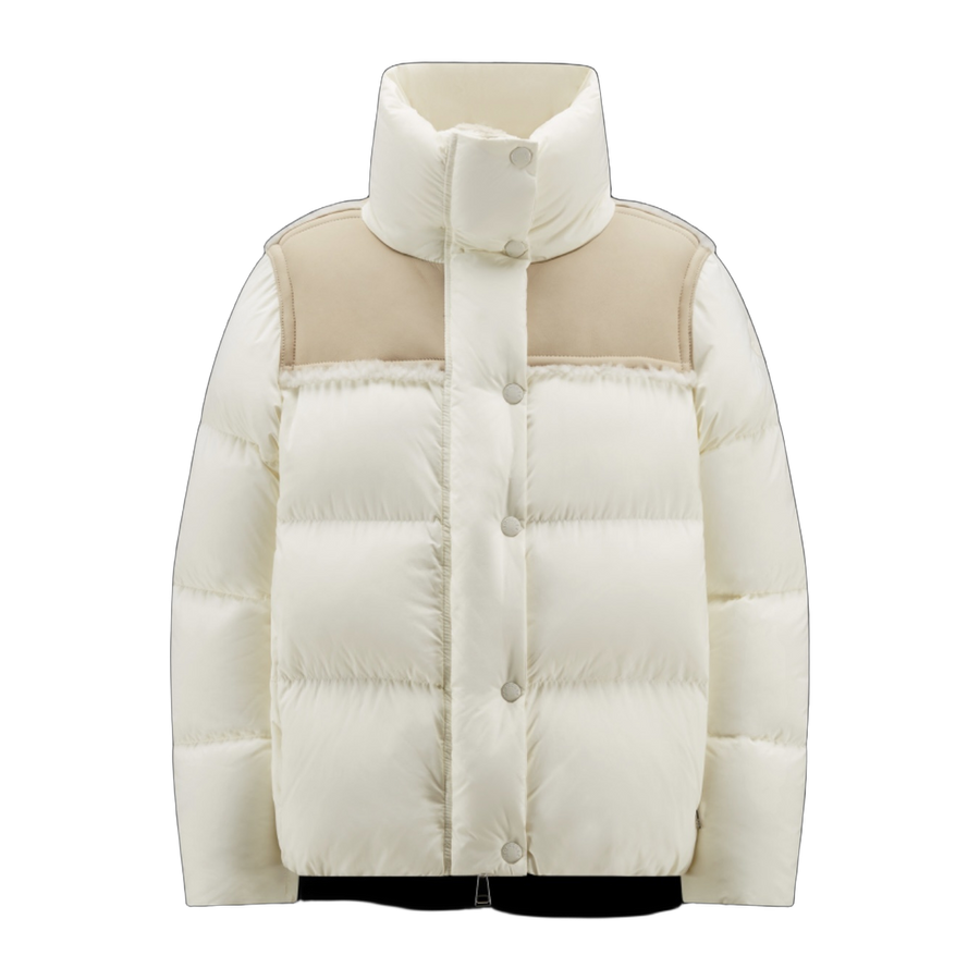 Moncler Jotty Leather-Panel Short Down Jacket — White — #278