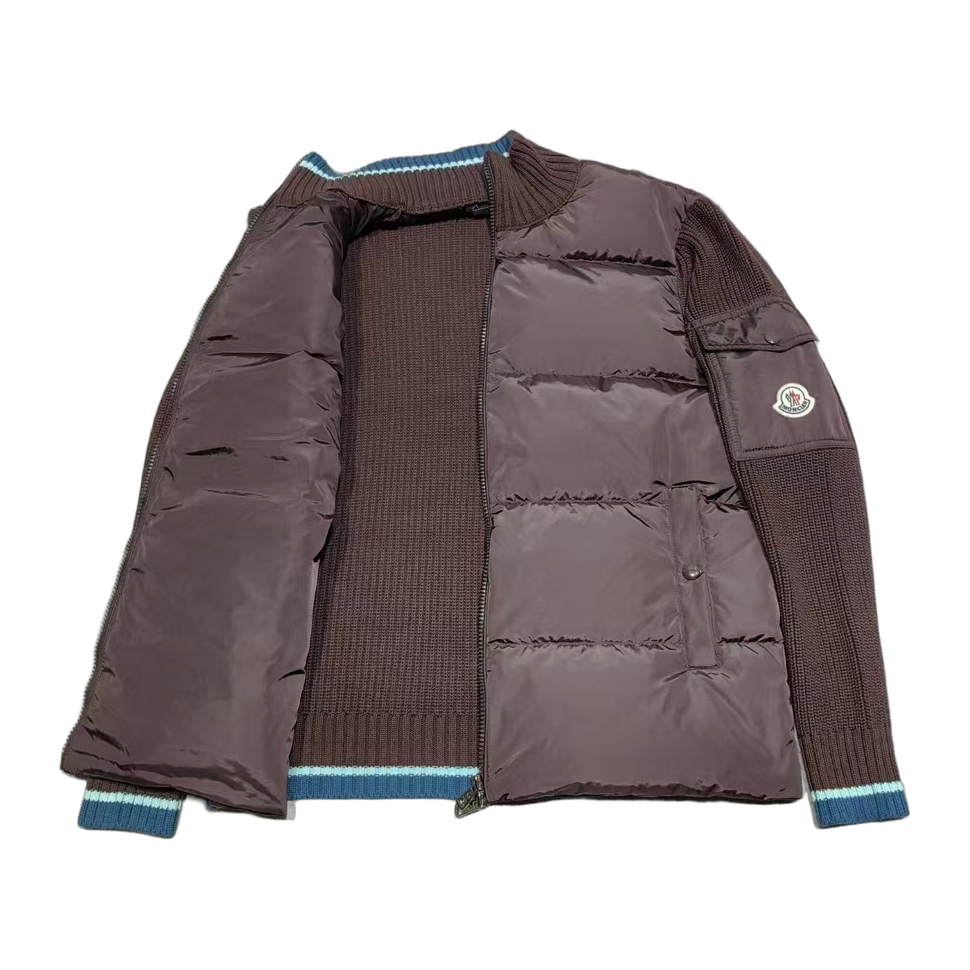 Moncler Quilted Knit-Panel Down Cardigan — Brown — #228