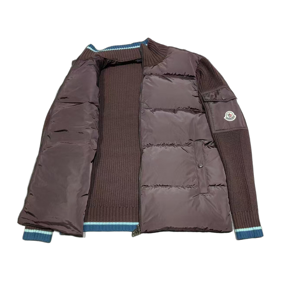 Moncler Quilted Knit-Panel Down Cardigan — Brown — #228