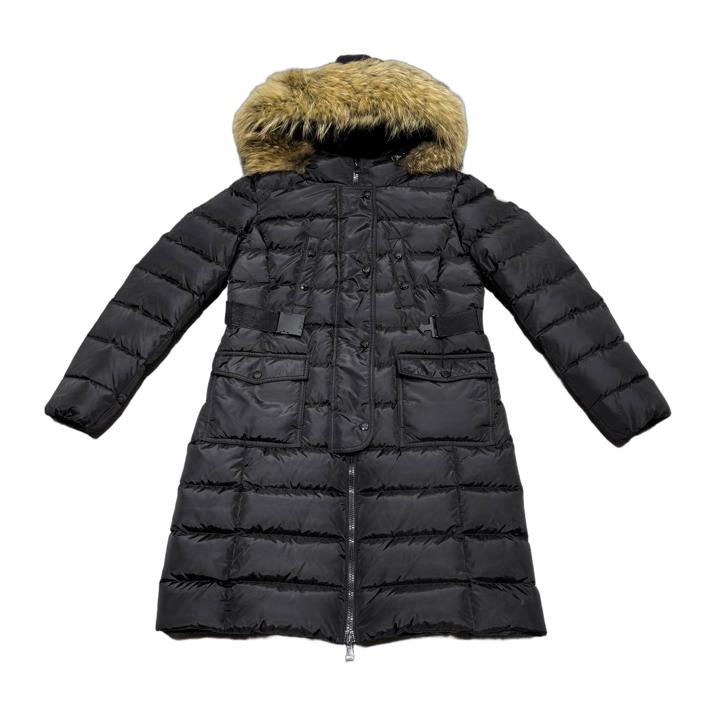 Moncler Khloe Hooded Fur-Trimmed Long Down Jacket — Black — #177