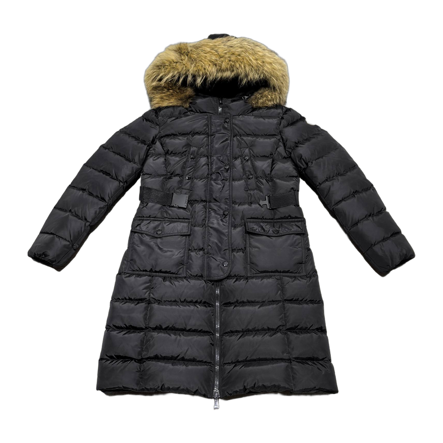 Moncler Khloe Hooded Fur-Trimmed Long Down Jacket — Black — #177