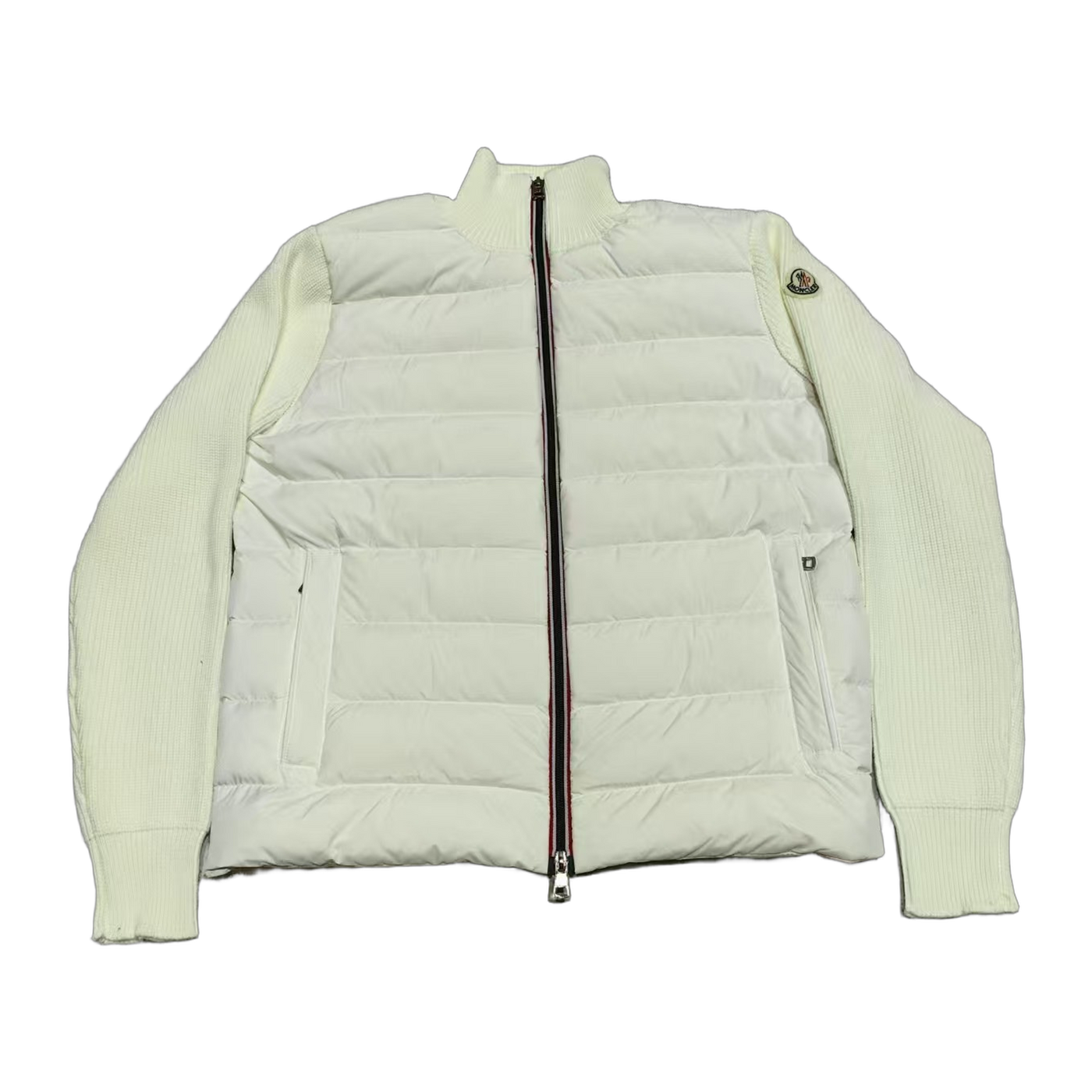 Moncler Quilted Knit-Panel Down Cardigan — White — #237