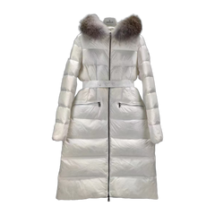 Moncler Belted Oversized-Fur-Trim Long Down Coat — White — #193