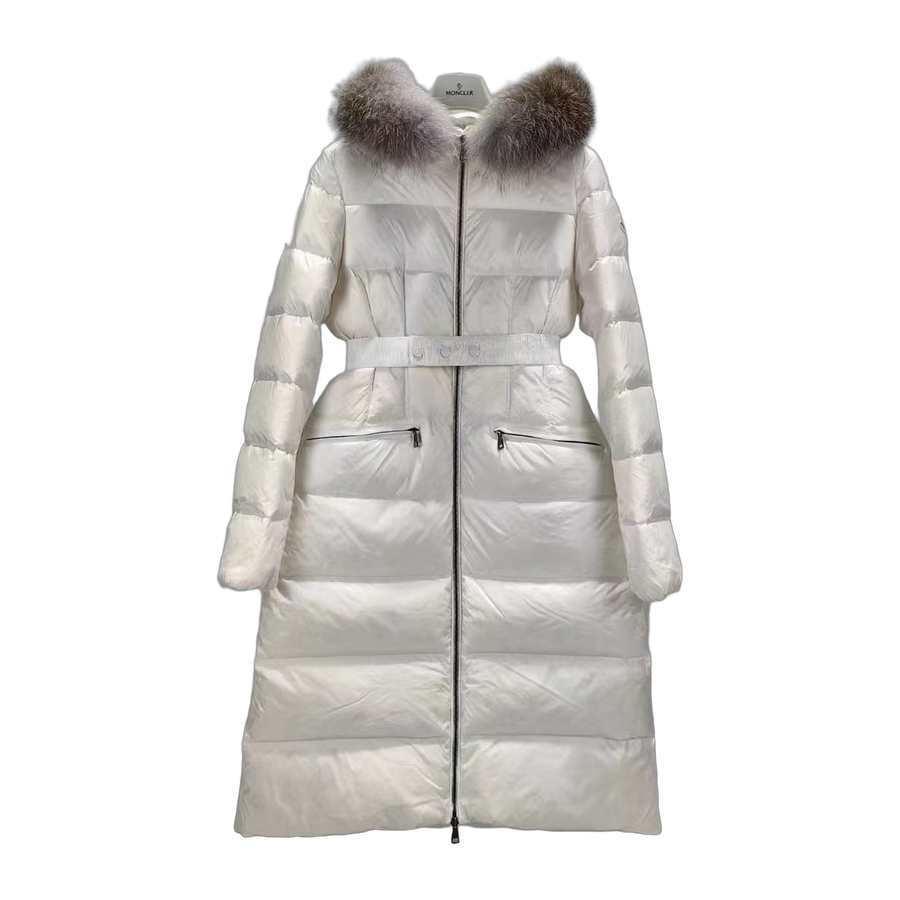 Moncler Belted Oversized-Fur-Trim Long Down Coat — White — #193