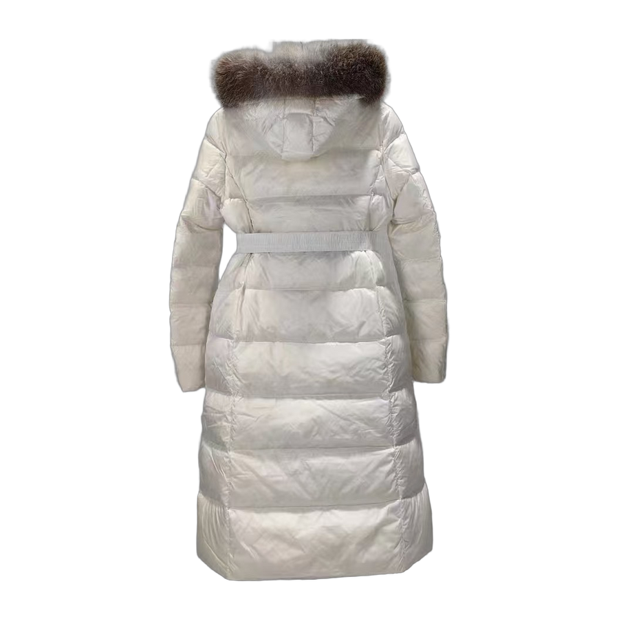 Moncler Belted Oversized-Fur-Trim Long Down Coat — White — #193