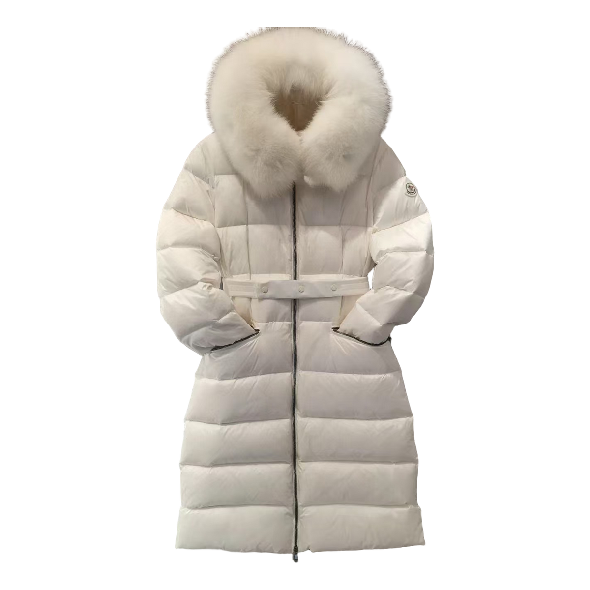 Moncler Belted Long Fur-Trim Puffer Coat — White — #236
