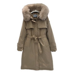 Prada Belted Fur-Trim Hooded Coat — Beige — #359