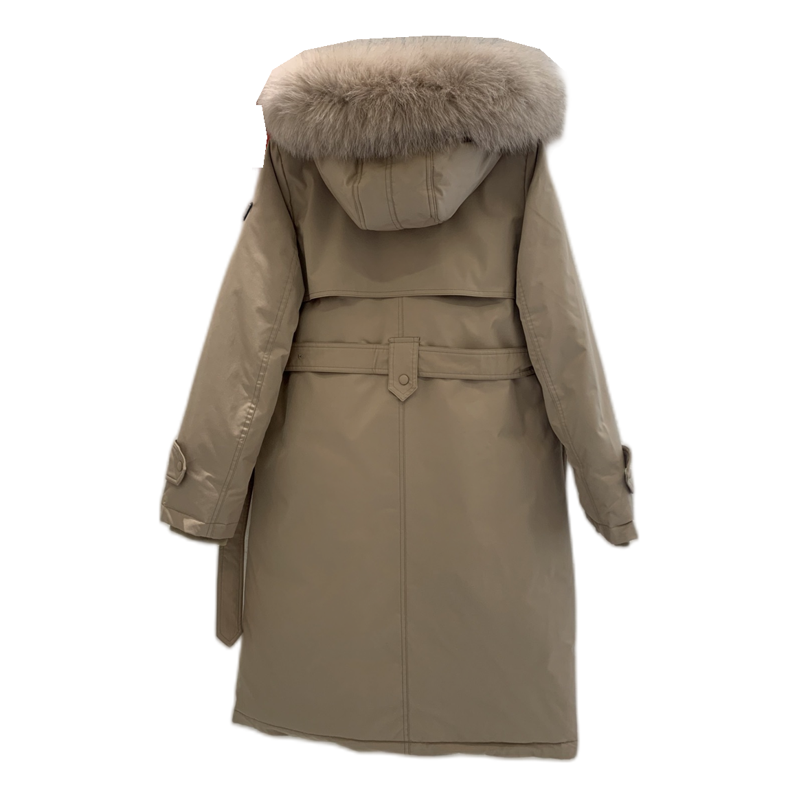 Prada Belted Fur-Trim Hooded Coat — Beige — #359