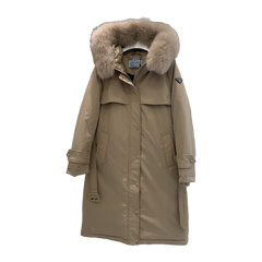 Prada Women's Belted Hooded Long Down Coat — Off White — #359