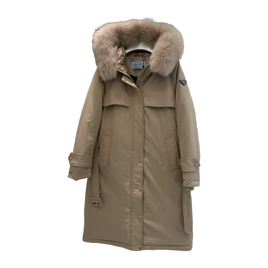 Prada Women's Belted Hooded Long Down Coat — Off White — #359