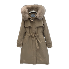Prada Women's Belted Hooded Long Down Coat — Off White — #359