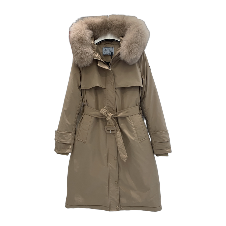 Prada Women's Belted Hooded Long Down Coat — Off White — #359