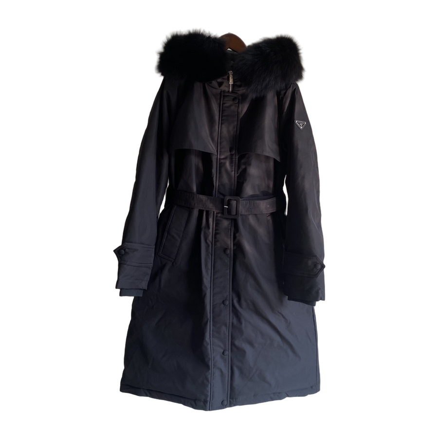 Prada Women's Belted Hooded Long Down Coat — Black — #360