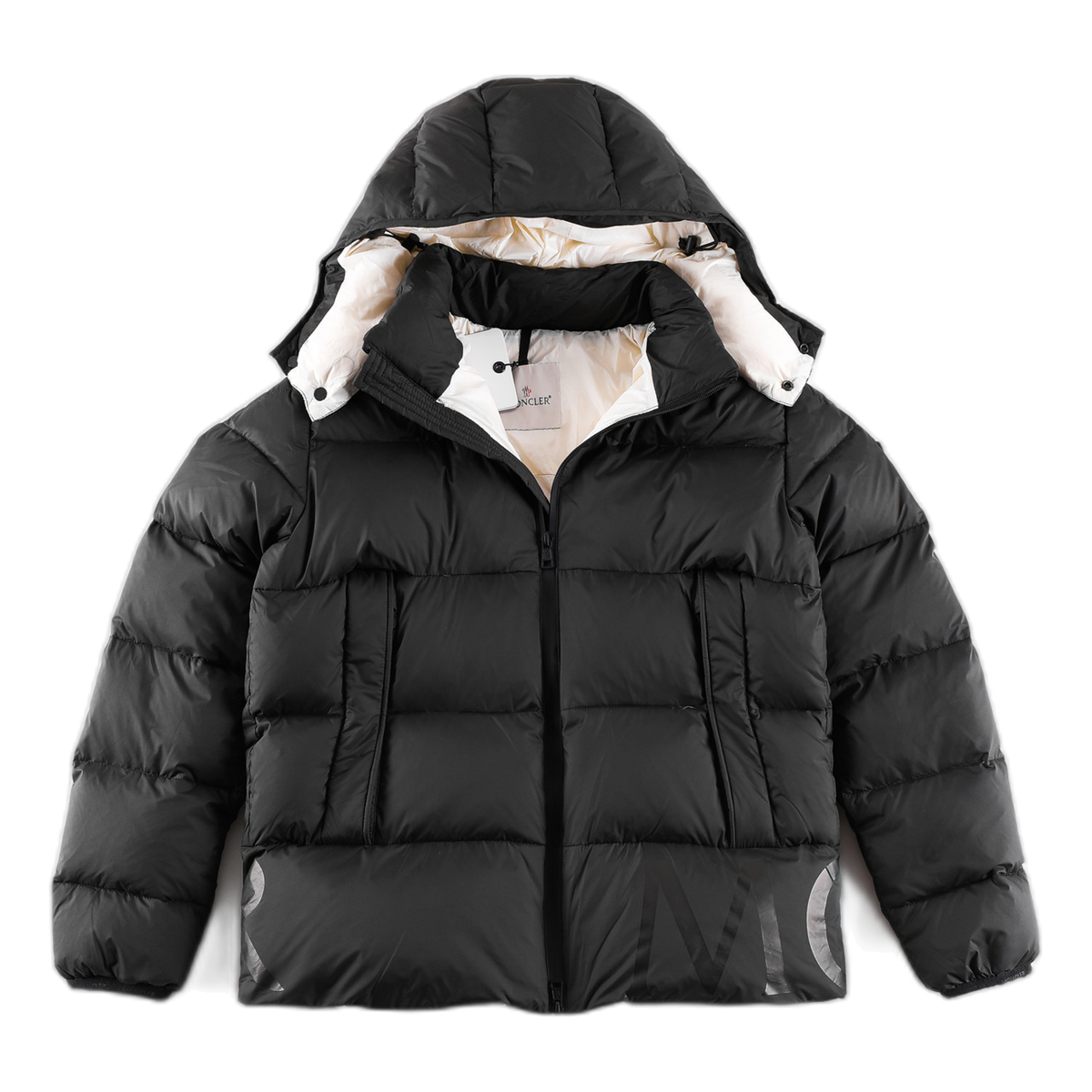 Moncler Tonal-Lettering Hooded Puffer Jacket — Black — #282