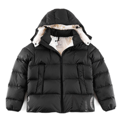 Moncler Tonal-Lettering Hooded Puffer Jacket — Black — #282