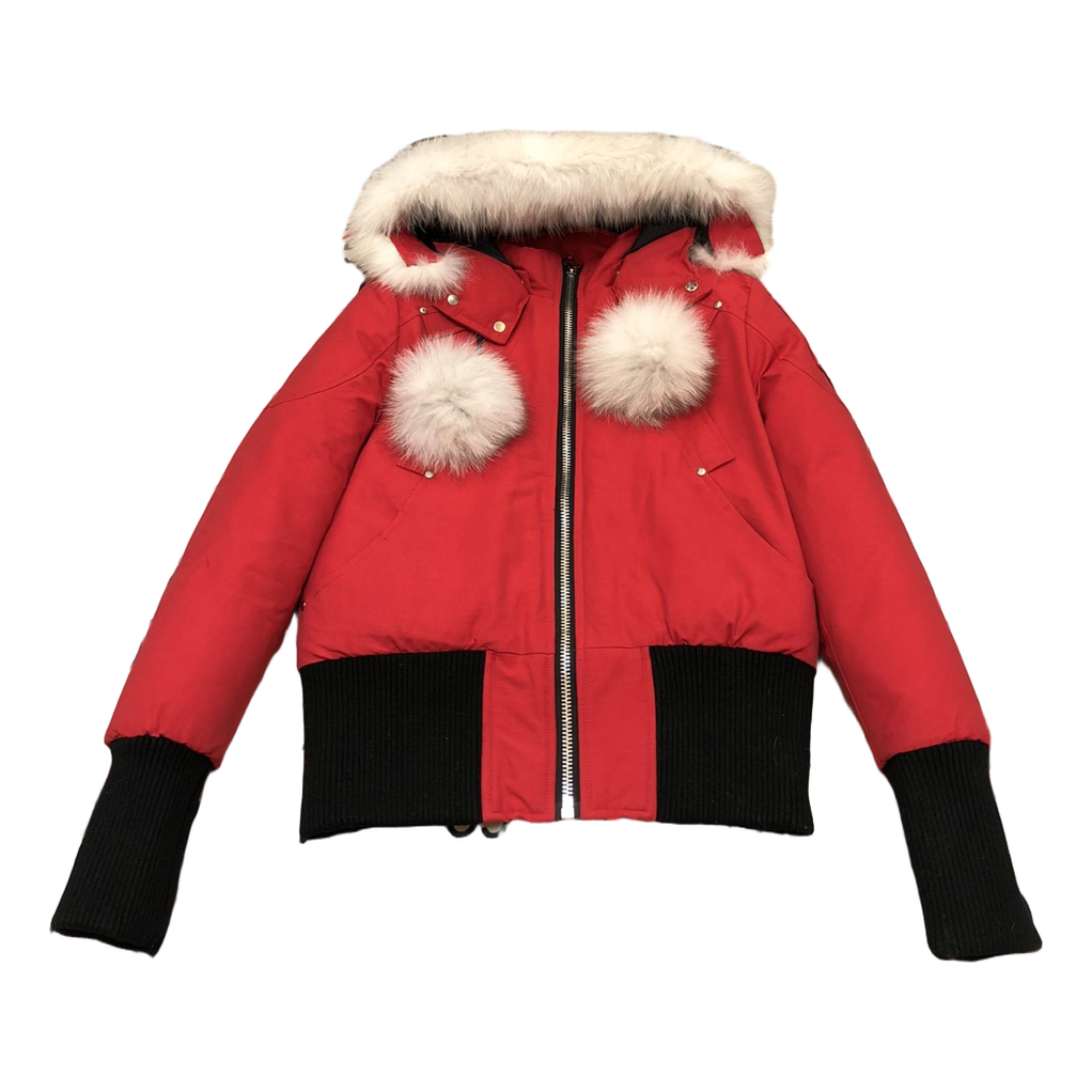Moose Knuckles Pom-Pom Hooded Bomber Jacket — Red — #323