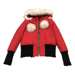 Moose Knuckles Pom-Pom Hooded Bomber Jacket — Red — #323