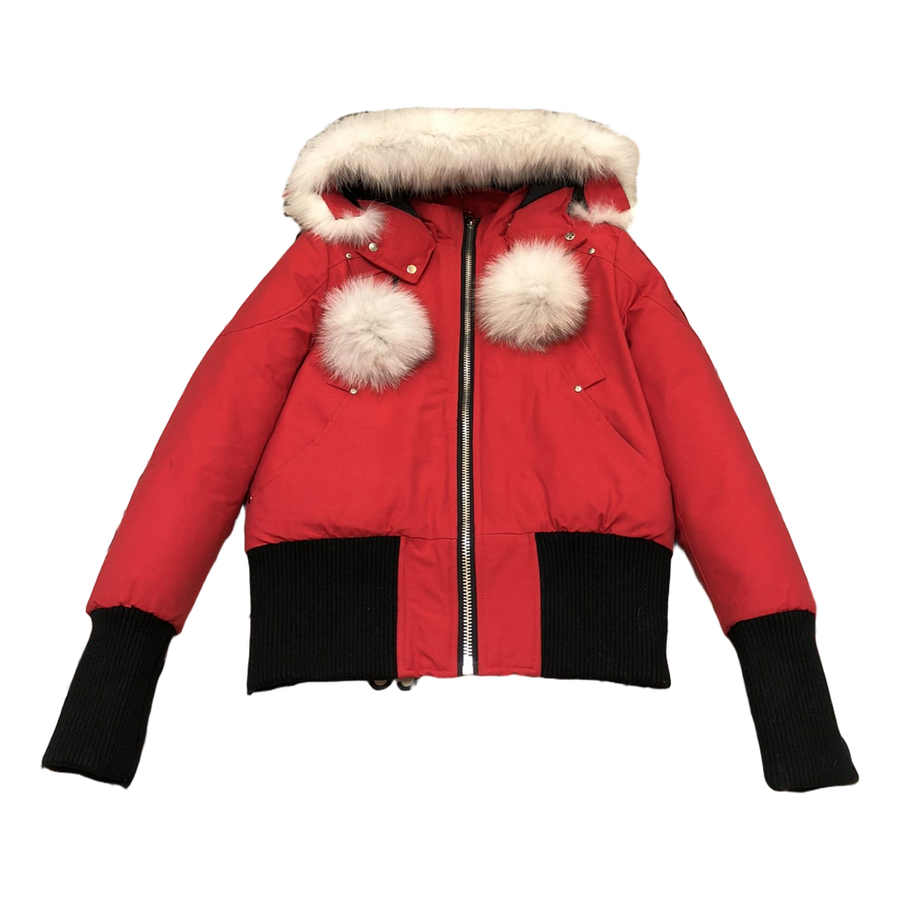 Moose Knuckles Pom-Pom Hooded Bomber Jacket — Red — #323